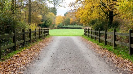 Aufkleber - Scenic path lined with autumn leaves and wooden fences leading into a peaceful green meadow : Generative AI