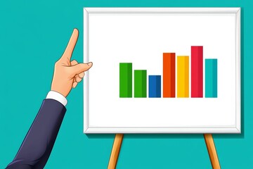 Poster - A flat 2D illustration of a professional pointing at a bar chart on a whiteboard, explaining statistical trends