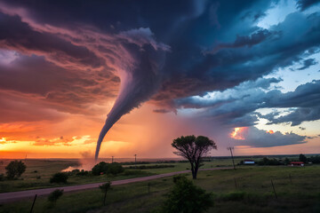Wall Mural - awe-inspiring spectacle of a tornado, adorned with an ominous beauty, unfolds at enchanting hour of sunset, as celestial canvas is painted with a dramatic sky, while twisting funnel dances with fading