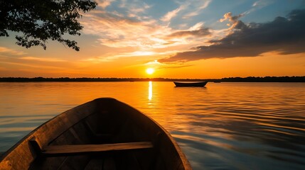 Wall Mural - Scenic view of a tranquil lake at sunset with boats silhouetted against the vibrant sky : Generative AI