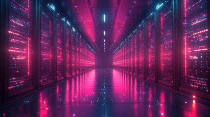Poster - Futuristic Data Center with Neon Lights and Reflections