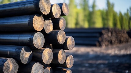 Aufkleber - Stacked wooden logs arranged neatly against a picturesque backdrop of evergreen trees in a sunny outdoor setting : Generative AI