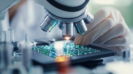 Poster - Close-up View of Microscope Examining Biological Sample with Lights