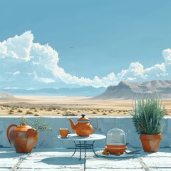 Wall Mural - contemporary terrace with a sleek teapot and cup o ddfccbcddd AI generated illustration