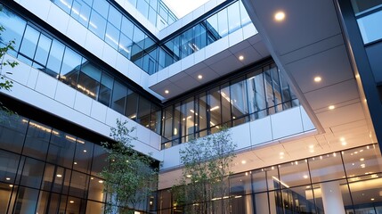 Aufkleber - Modern architectural design showcasing glass facades of a contemporary building illuminated at dusk : Generative AI