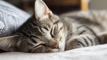 Poster - Adorable tabby cat peacefully sleeping on a soft bed with warm sunlight around : Generative AI
