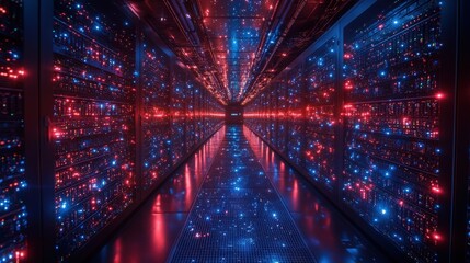 Poster - Futuristic Server Room with Colorful Lights and Reflective Floor