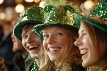 Wall Mural - Festive friends celebrating in green hats and beads for st. patrick's day joy