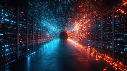 Poster - Futuristic Tunnel with Blue and Orange Neon Lights and Digital Effects