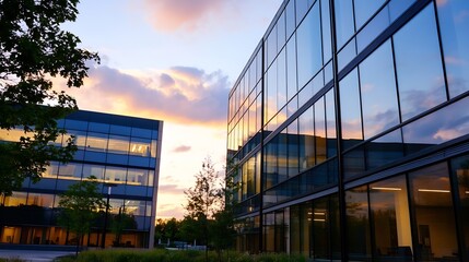 Poster - Stunning sunset view of sleek modern office buildings with rich colors illuminating the skyline : Generative AI