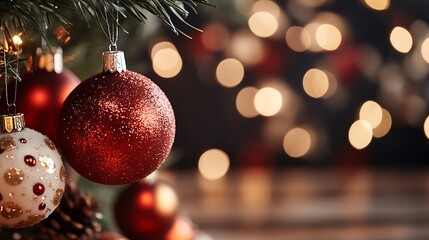 Poster - Beautiful closeup of sparkling Christmas ornaments hanging on a tree : Generative AI