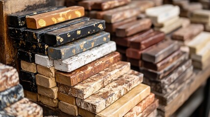 Poster - A Variety of Colorful Stacked Decorative Wooden Planks for Art and Craft Projects : Generative AI