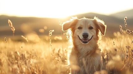 Poster - Happy Golden Retriever Dog Smiling in a Meadow During Sunset : Generative AI