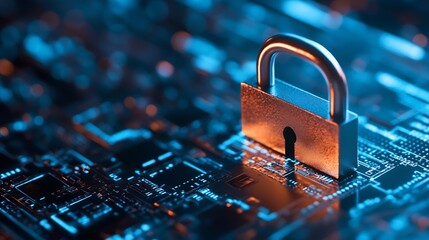 Leinwandbilder - Detailed close up of a shiny padlock resting on a circuit board with binary code : Generative AI