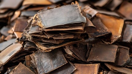 Poster - Closeup view of a pile of vintage book covers showcasing worn textures and rich colors : Generative AI