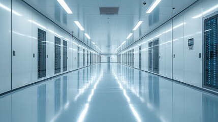 Poster - Modern data center corridor with blue lighting and clean design