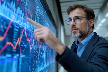Poster - A market researcher comparing statistical trends on a large interactive digital screen