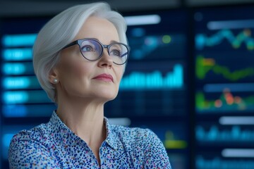 Poster - A market researcher comparing statistical trends on a large interactive digital screen