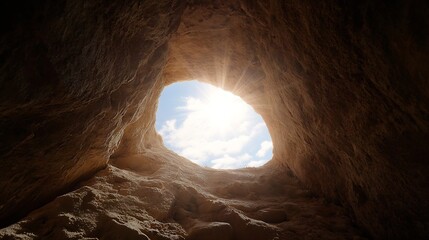 Aufkleber - Sunlight streaming through a natural cave opening revealing a bright blue sky and soft clouds above : Generative AI