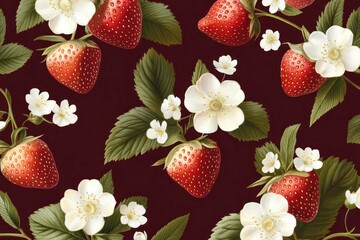 Canvas Print - Elegant floral pattern with ripe strawberries and white flowers on a dark background, perfect for summer themes, textiles, and creative designs