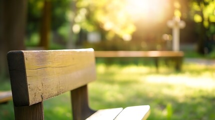 Aufkleber - Sunlit wooden park bench inviting visitors to relax in a vibrant green garden setting : Generative AI