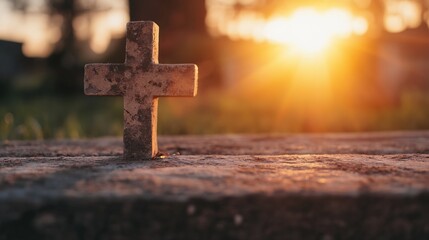 Poster - Serene Sunset Overgrave Markers with a Rustic Cross Silhouette Captured in Golden Light : Generative AI