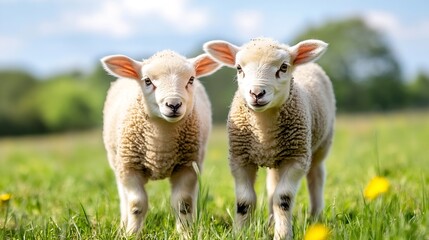 Poster - Adorable CloseUp of Playful Twin Lambs in a Green Field Under Bright Blue Sky : Generative AI