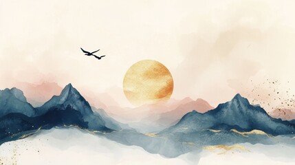 Wall Mural - Abstract watercolor background vector. Luxury wallpaper with paint brush and gold line art. Mountain landscape, bird, sun, earth tone watercolor illustration for wall art, cover and invitation cards.