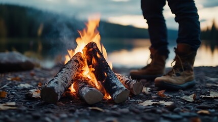 Leinwandbilder - Warm and inviting campsite with a roaring campfire set against a tranquil lake and wilderness backdrop : Generative AI