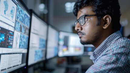 Poster - A professional studies complex data visualizations on various monitors while seated in a contemporary control room. The lighting enhances the high tech atmosphere.