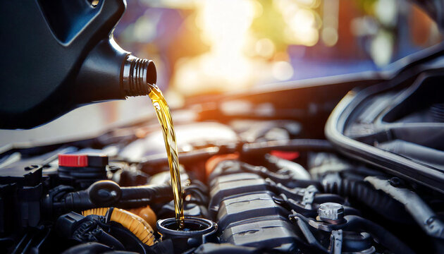 pouring oil motor car lubricant from black bottle on engine background , service oil change auto rep