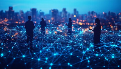 Poster - A global network connection with diverse business professionals interacting through digital devices, glowing data lines linking them, hightech, ultrarealistic, 8K resolution