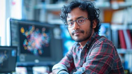 Poster - A young man with glasses sits at a desk in a creative workspace. Colorful computer screens behind him showcase intricate digital graphics, highlighting his artistic endeavors.