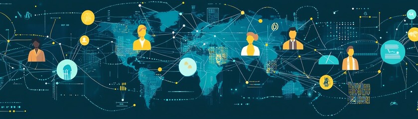 Poster - A visual of a global business network with professionals from different cultures connected by glowing data lines and digital screens