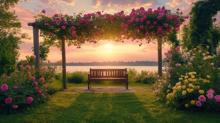 Wall Mural - Bench under blooming roses at sunset by lake, perfect for gardens and peaceful moments