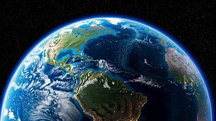 Poster - Rotating planet earth revealing north and south american continents, surrounded by starry cosmic background with dramatic sun glare and realistic orbital perspective