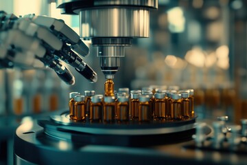 Poster - an advanced robotic arm in a medical lab, delicately handling small vials of medicine with extreme p