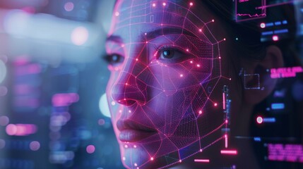 Poster - Close up of a woman's face displaying a digital overlay of facial recognition technology. Bright colors and data visuals illustrate the interaction between human features and advanced computing.