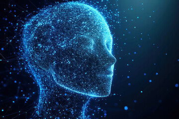 Poster - a digital head made up of many connected glowing dots and lines, reminiscent of a neural network or artificial intelligence system. 