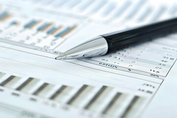 Poster - Close-up of a pen resting on financial documents with graphs and data analysis in the background