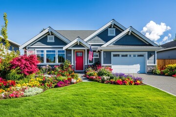 Wall Mural - an American-style home with gray walls, white trim, and a red door. There is lush, green grass in the front yard and beautiful flowers in the landscaping