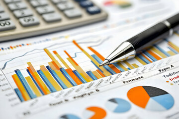 Poster - Detailed financial report with colorful graphs and charts, calculator and pen on desk