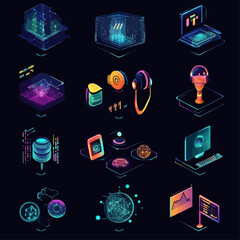 Aufkleber - Neon Technology Isometric Icons Set for Digital Interface Design Elements