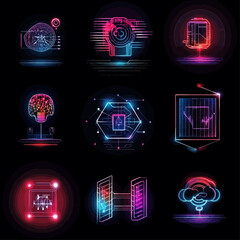 Poster - Neon Technology Icons: AI, data processing, connectivity, and cloud system