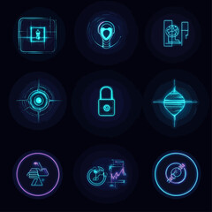 Poster - Neon digital abstract icon set on dark background, technology elements