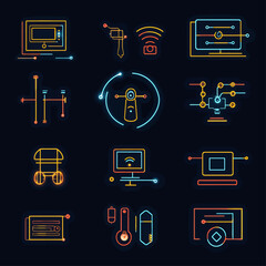 Poster - Neon Tech Icons on Dark Background for Technology and Innovation Design
