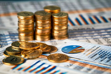 Poster - Stacked coins on financial documents with charts and graphs illustrating market trends