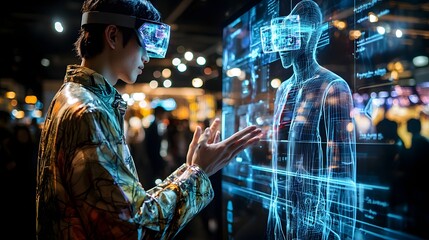 Poster - Fashion designer showcasing futuristic holographic prototypes and digital concepts in a creative brainstorming session