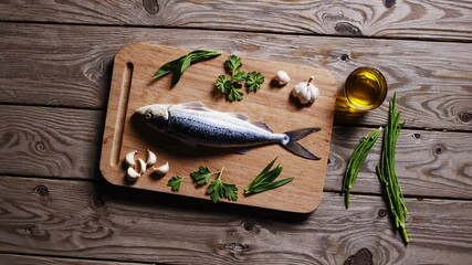Poster - Fresh fish resting on rustic wooden cutting board, surrounded by aromatic herbs, garlic cloves, and glistening olive oil, showcasing vibrant mediterranean culinary preparation
