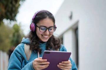 Sticker - Young latin america woman headphones background glasses.